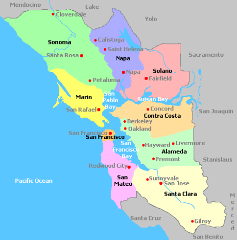 Map of the San Francisco Bay Area showing county divisions and major cities, including San Francisco, Oakland, San Jose, and others. The Pacific Ocean borders the region to the west.